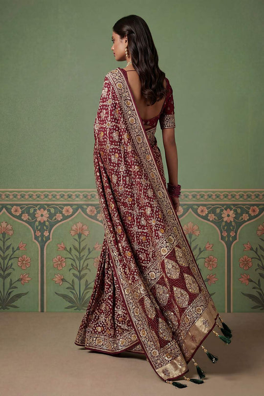 Imane Wine Pashmina Silk Zari Woven Designer Ready to Wear One Minute Saree