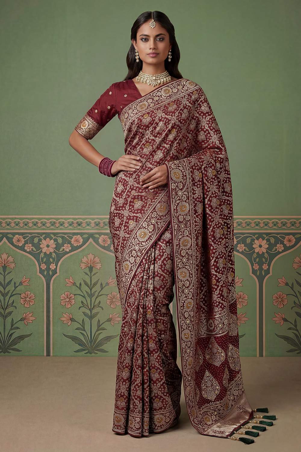 Imane Wine Pashmina Silk Zari Woven Designer Ready to Wear One Minute Saree