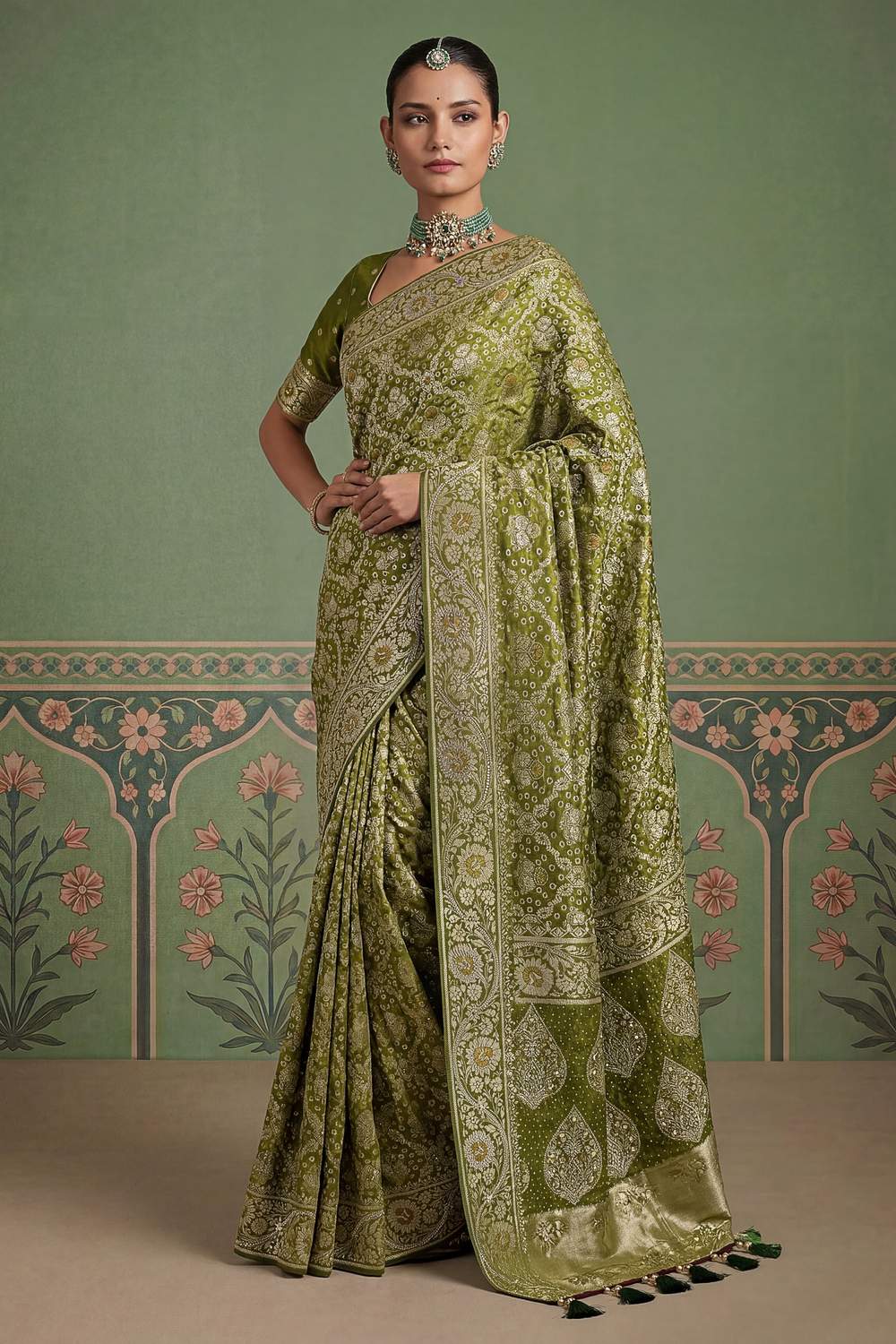 Imane Green Pashmina Silk Zari Woven Designer Ready to Wear One Minute Saree