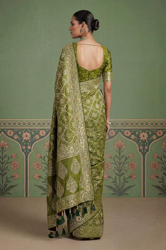 Imane Green Pashmina Silk Zari Woven Designer Ready to Wear One Minute Saree
