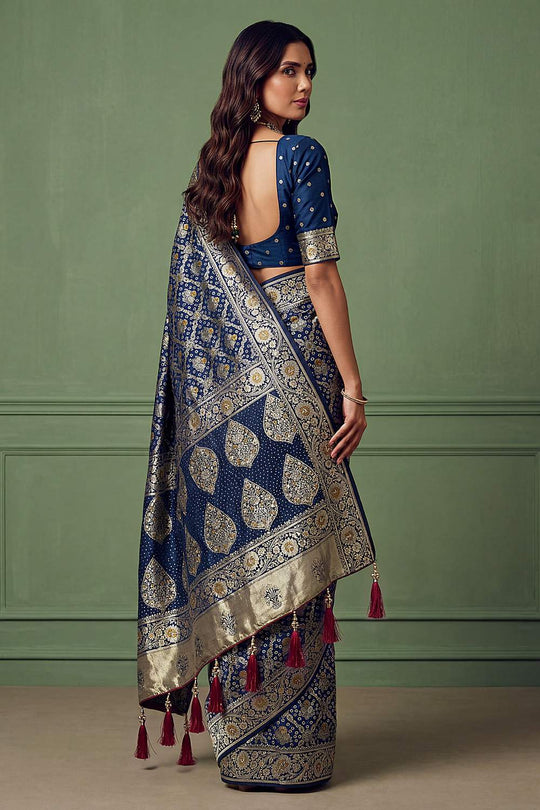 Imane Blue Pashmina Silk Zari Woven Designer Ready to Wear One Minute Saree