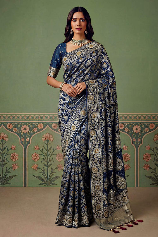 Imane Blue Pashmina Silk Zari Woven Designer Ready to Wear One Minute Saree