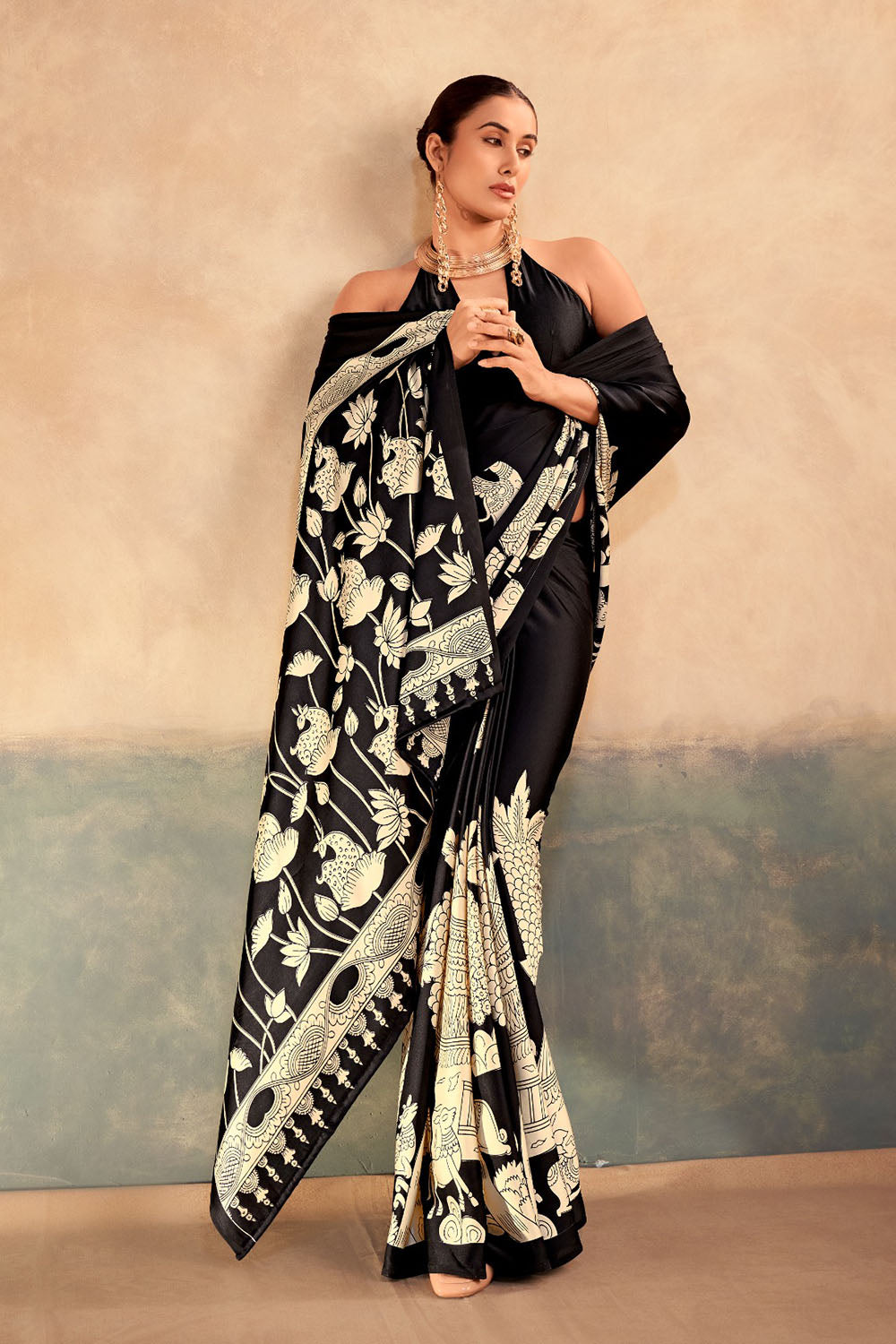 Meena Black Satin Silk Designer Kalamkari Printed Ready to Wear One Minute Saree