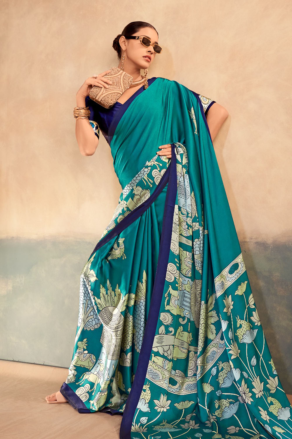 Meena Teal Blue Satin Silk Designer Kalamkari Printed Ready to Wear One Minute Saree