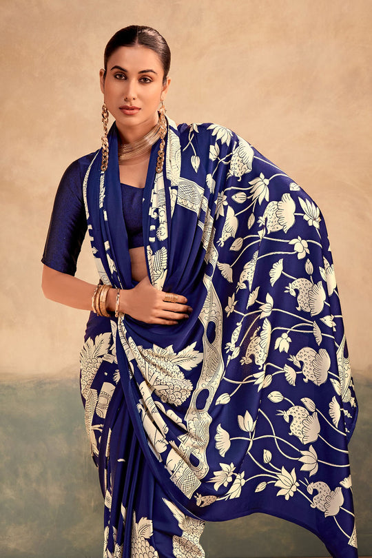 Meena Navy Blue Satin Silk Designer Kalamkari Printed Ready to Wear One Minute Saree
