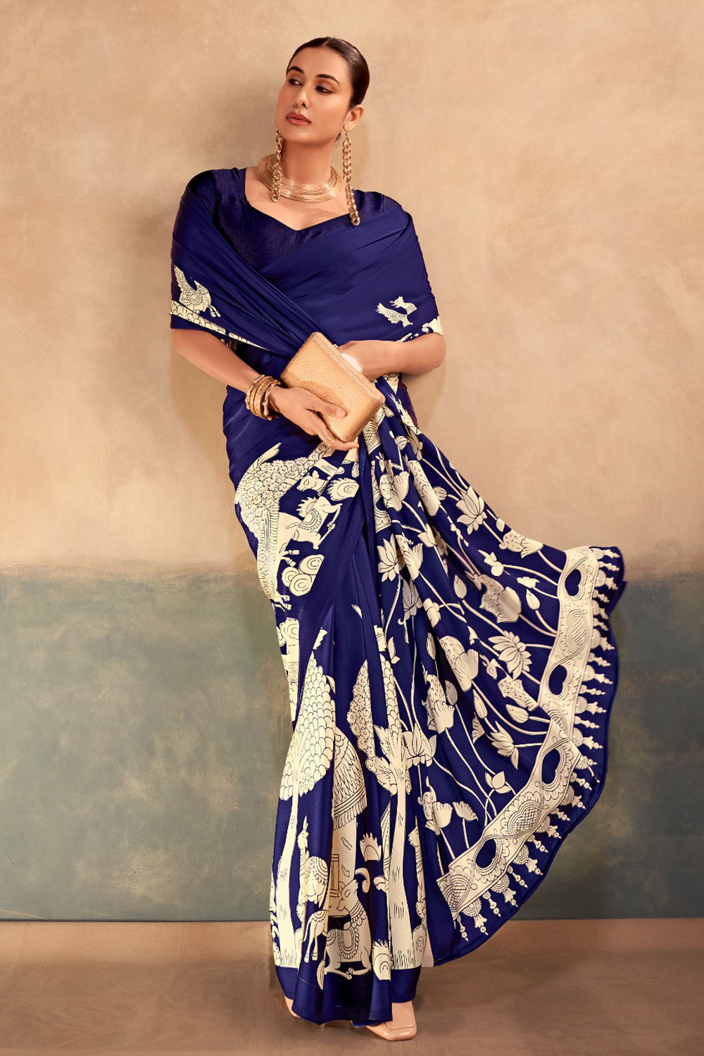 Meena Navy Blue Satin Silk Designer Kalamkari Printed Ready to Wear One Minute Saree