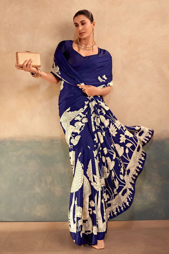 Meena Navy Blue Satin Silk Designer Kalamkari Printed Ready to Wear One Minute Saree