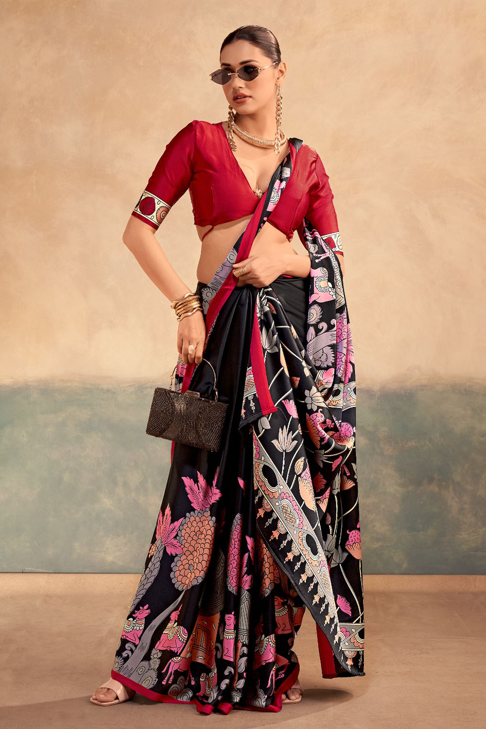 Meena  Black Satin Silk Designer Kalamkari Printed Ready to Wear One Minute Saree
