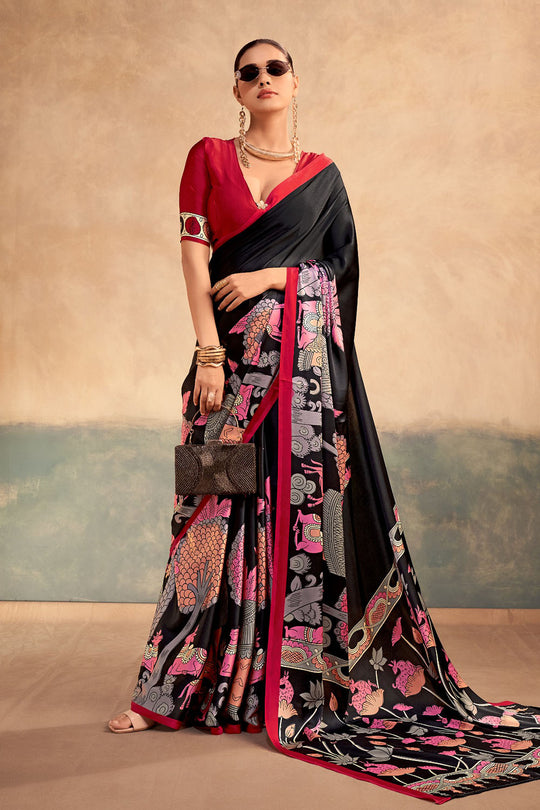 Meena  Black Satin Silk Designer Kalamkari Printed Ready to Wear One Minute Saree