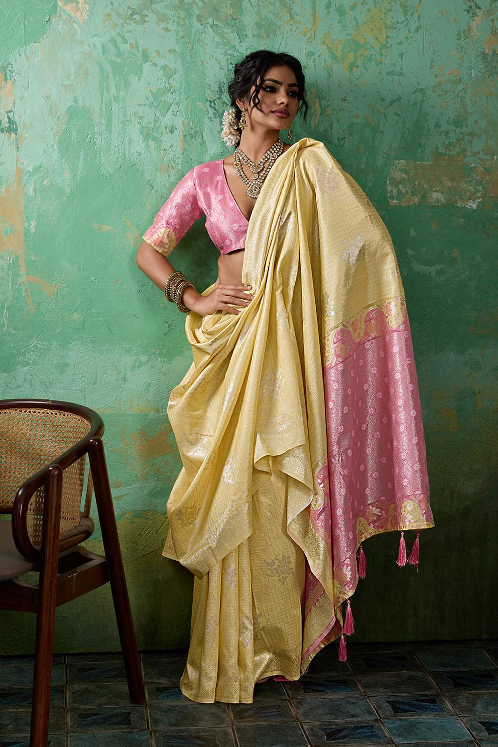 Louise Yellow and Pink Linen Cotton Woven Designer Ready to Wear One Minute Saree
