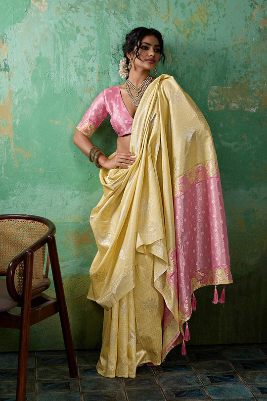 Louise Yellow and Pink Linen Cotton Woven Designer Ready to Wear One Minute Saree