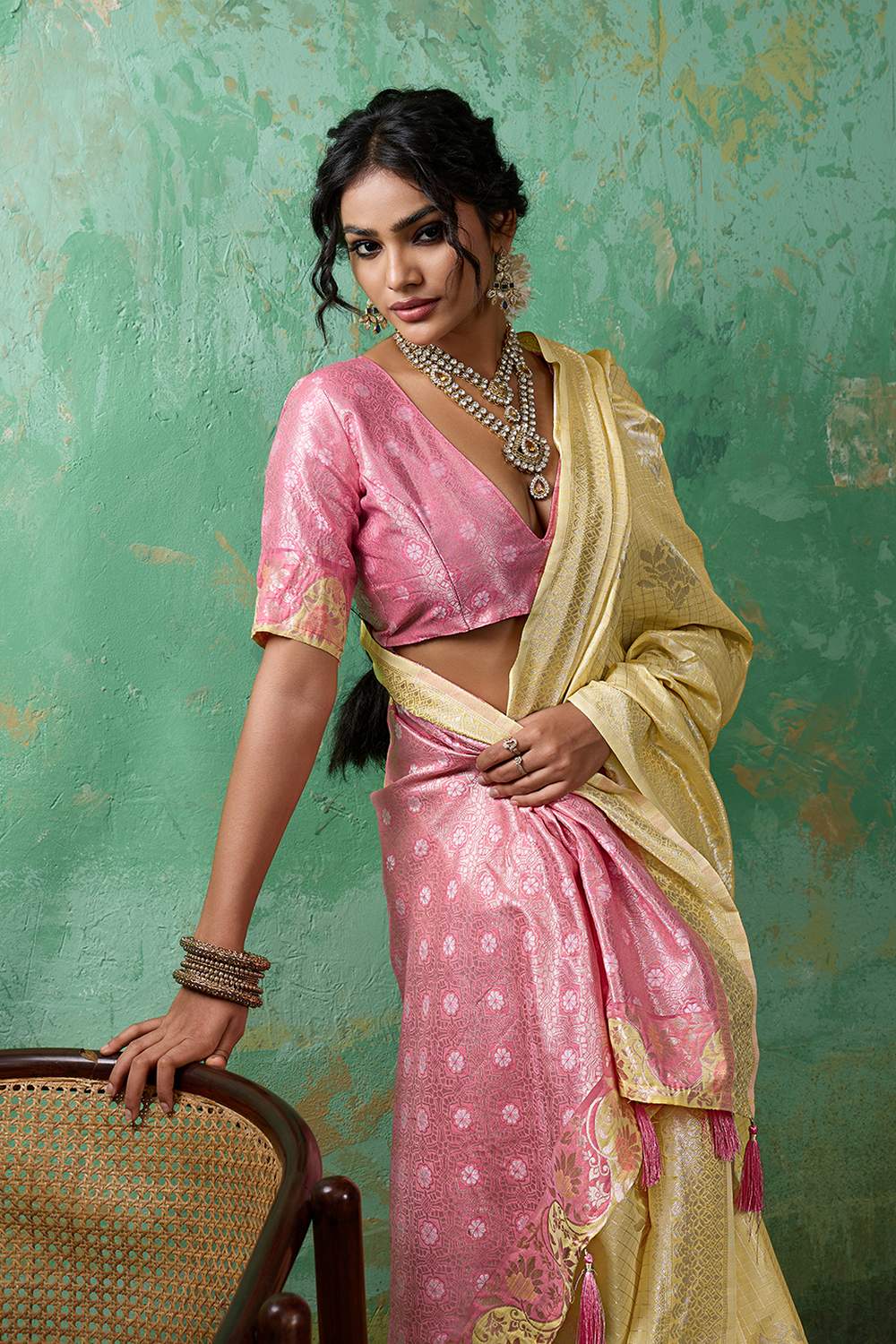 Louise Yellow and Pink Linen Cotton Woven Designer Ready to Wear One Minute Saree