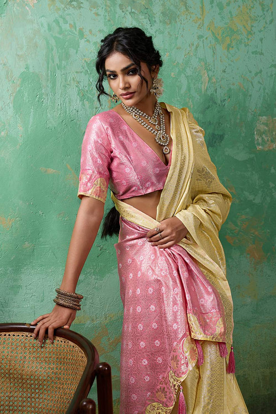 Louise Yellow and Pink Linen Cotton Woven Designer Ready to Wear One Minute Saree