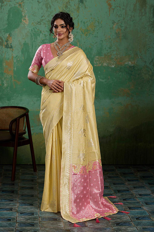 Louise Yellow and Pink Linen Cotton Woven Designer Ready to Wear One Minute Saree