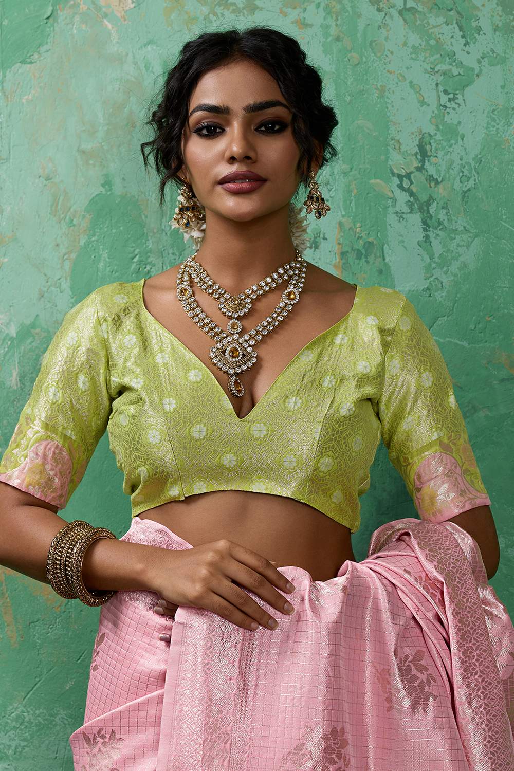 Louise Pink and Green Linen Cotton Woven Designer Ready to Wear One Minute Saree