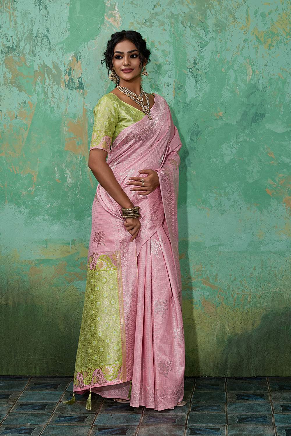 Louise Pink and Green Linen Cotton Woven Designer Ready to Wear One Minute Saree