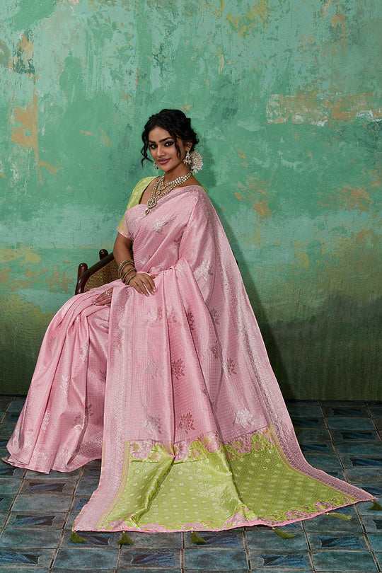 Louise Pink and Green Linen Cotton Woven Designer Ready to Wear One Minute Saree