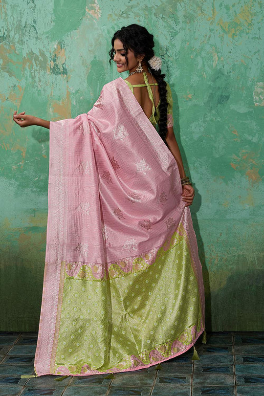 Louise Pink and Green Linen Cotton Woven Designer Ready to Wear One Minute Saree
