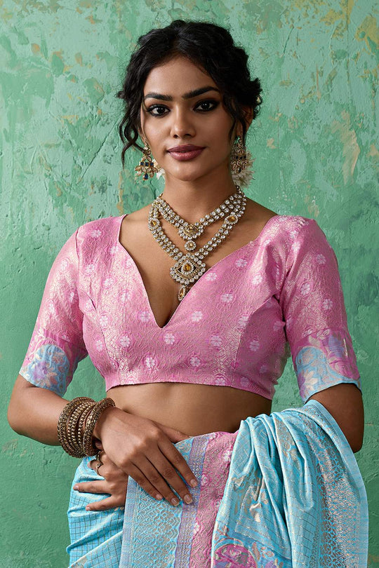 Louise Light Blue and Pink Linen Cotton Woven Designer Ready to Wear One Minute Saree