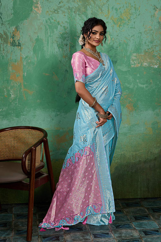 Louise Light Blue and Pink Linen Cotton Woven Designer Ready to Wear One Minute Saree