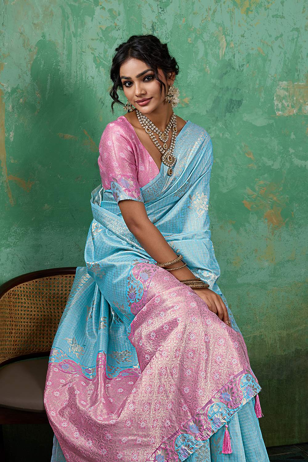 Louise Light Blue and Pink Linen Cotton Woven Designer Ready to Wear One Minute Saree