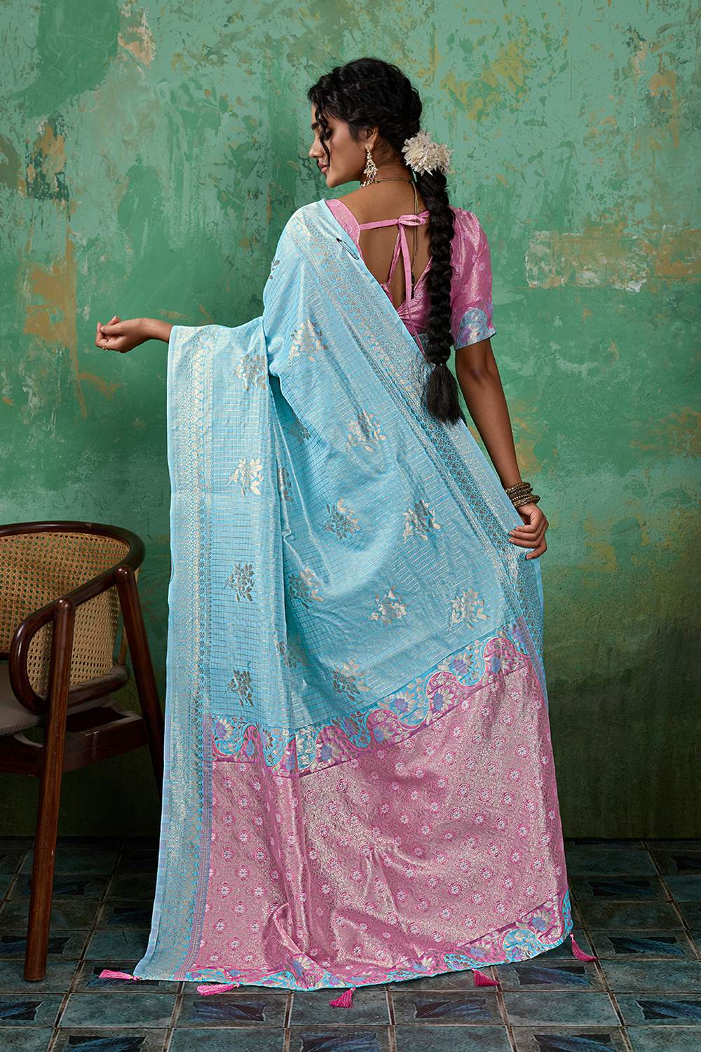 Louise Light Blue and Pink Linen Cotton Woven Designer Ready to Wear One Minute Saree