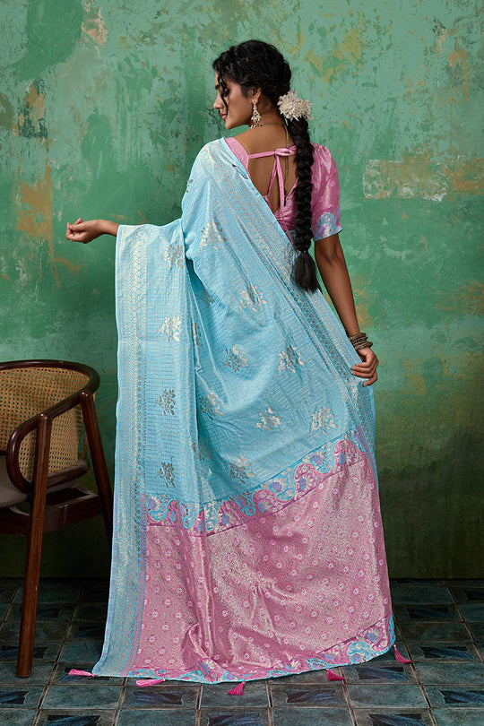 Louise Light Blue and Pink Linen Cotton Woven Designer Ready to Wear One Minute Saree