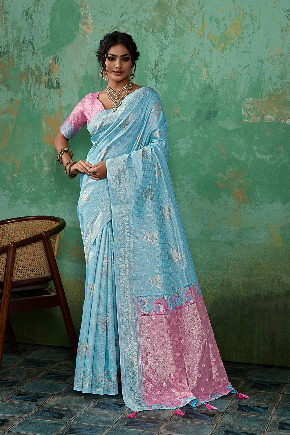 Louise Light Blue and Pink Linen Cotton Woven Designer Ready to Wear One Minute Saree