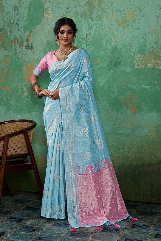 Louise Light Blue and Pink Linen Cotton Woven Designer Ready to Wear One Minute Saree