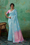 Louise Light Blue and Pink Linen Cotton Woven Designer Ready to Wear One Minute Saree