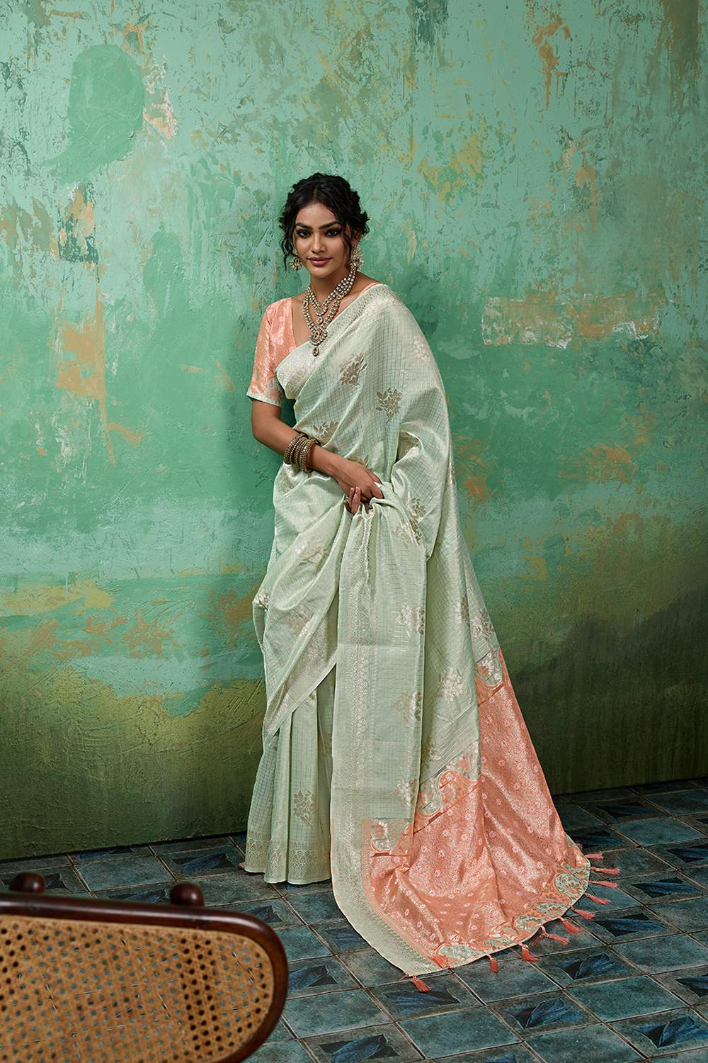 Louise Green and Peach Linen Cotton Woven Designer Ready to Wear One Minute Saree