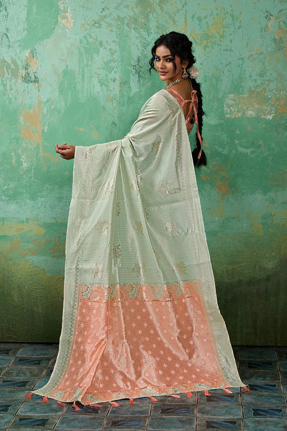 Louise Green and Peach Linen Cotton Woven Designer Ready to Wear One Minute Saree