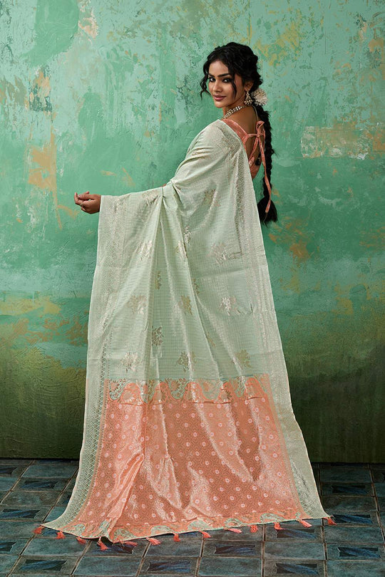 Louise Green and Peach Linen Cotton Woven Designer Ready to Wear One Minute Saree