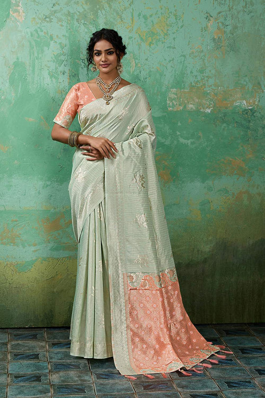 Louise Green and Peach Linen Cotton Woven Designer Ready to Wear One Minute Saree