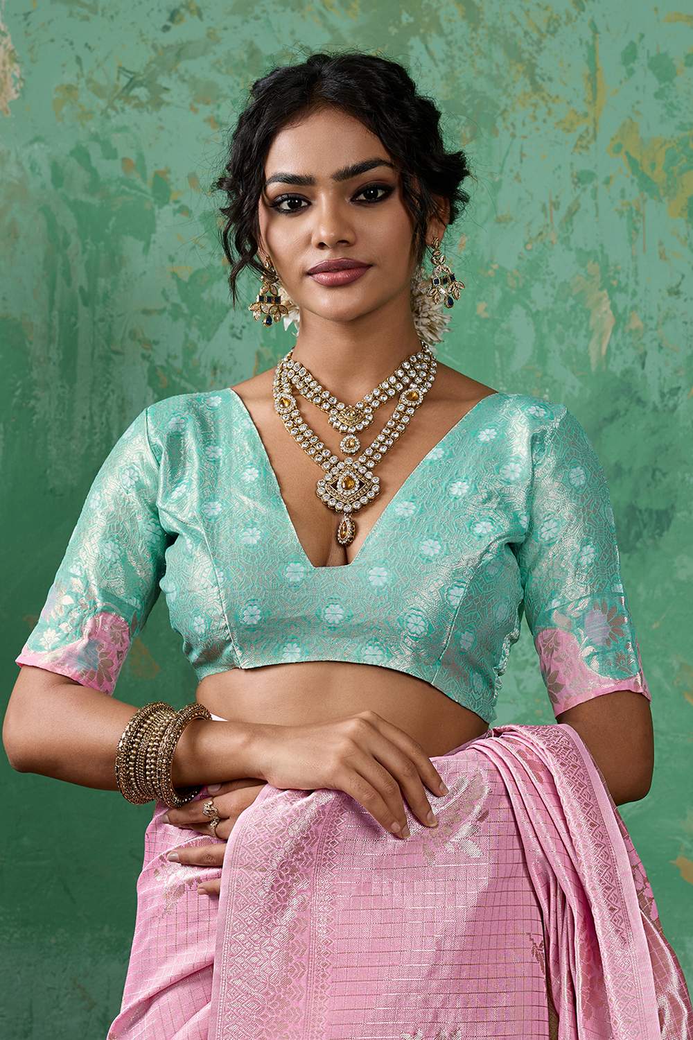 Louise Pink and Sea Green Linen Cotton Woven Designer Ready to Wear One Minute Saree