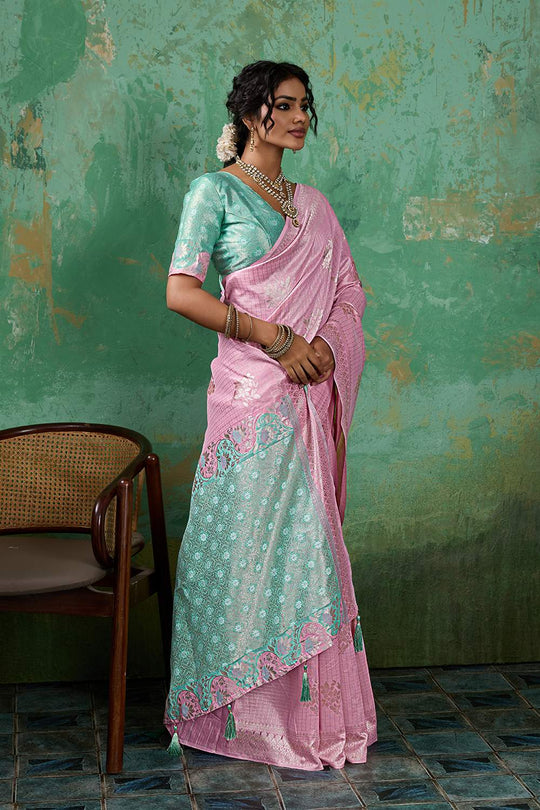 Louise Pink and Sea Green Linen Cotton Woven Designer Ready to Wear One Minute Saree