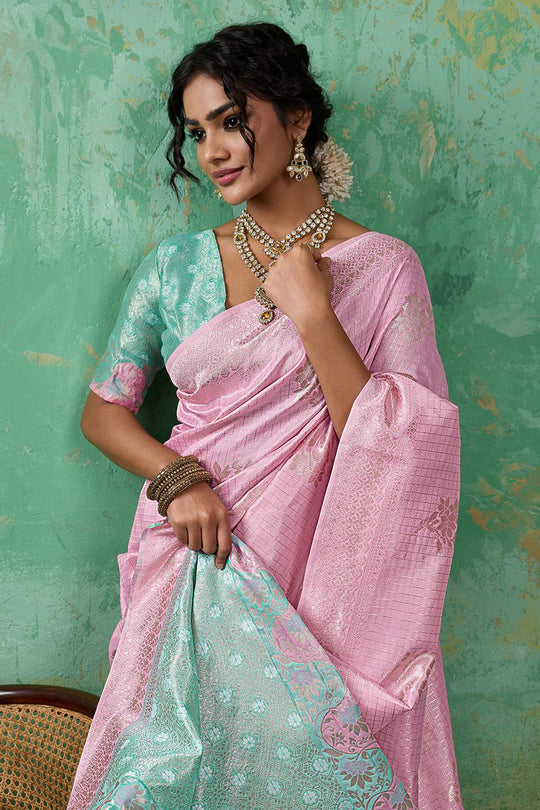 Louise Pink and Sea Green Linen Cotton Woven Designer Ready to Wear One Minute Saree