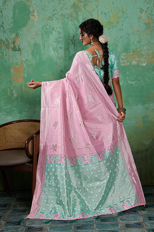 Louise Pink and Sea Green Linen Cotton Woven Designer Ready to Wear One Minute Saree