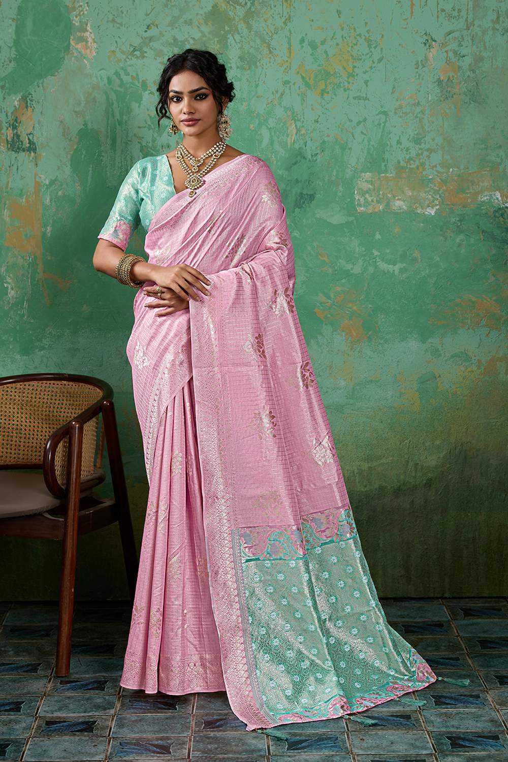 Louise Pink and Sea Green Linen Cotton Woven Designer Ready to Wear One Minute Saree