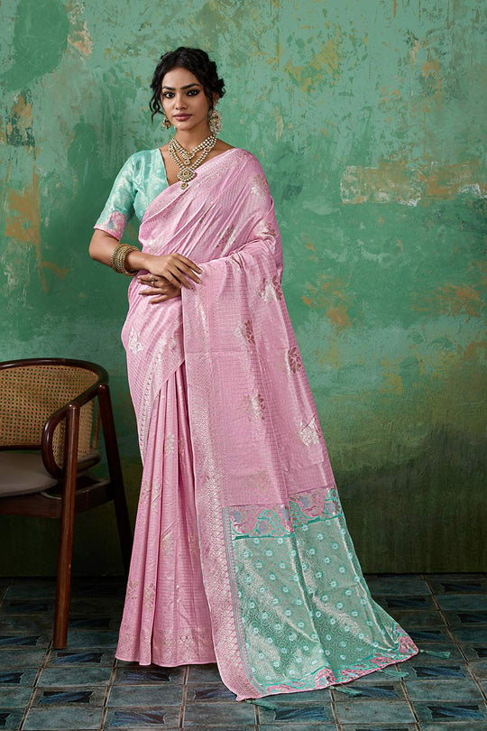 Louise Pink and Sea Green Linen Cotton Woven Designer Ready to Wear One Minute Saree