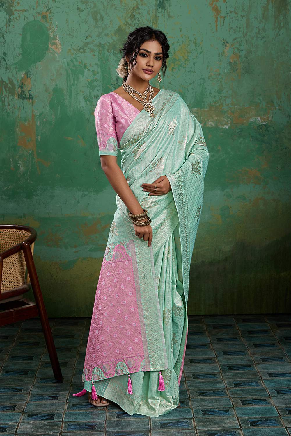 Louise Sea Green and Pink Linen Cotton Woven Designer Ready to Wear One Minute Saree (Copy)