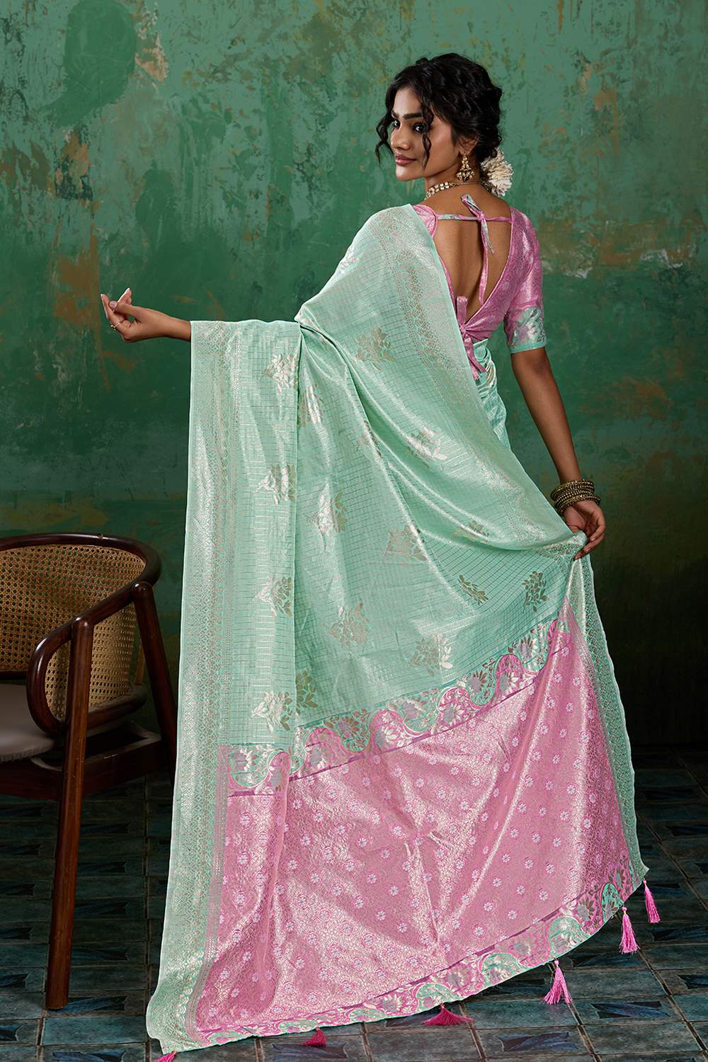 Louise Sea Green and Pink Linen Cotton Woven Designer Ready to Wear One Minute Saree (Copy)