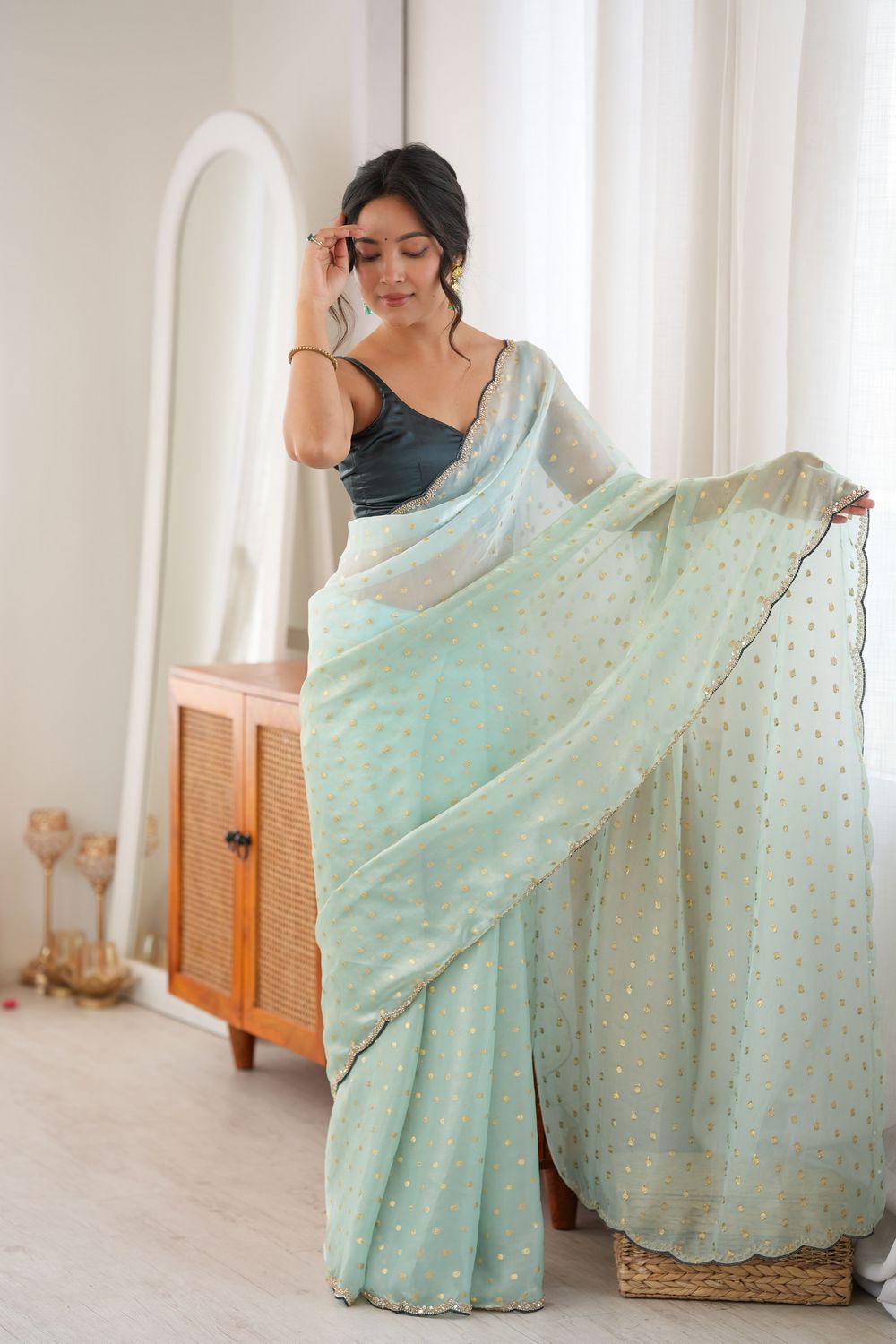 Cassia Seafoam Green Satin Woven Butti Beads Cut Dana Work Ready to Wear Saree
