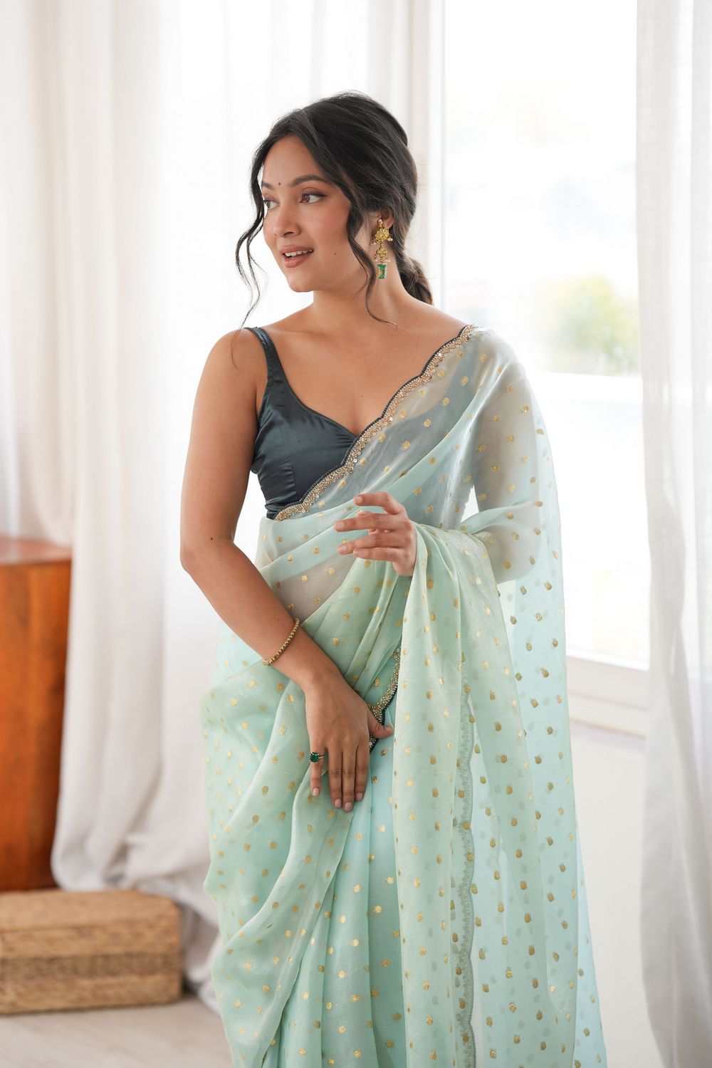 Cassia Seafoam Green Satin Woven Butti Beads Cut Dana Work Ready to Wear Saree