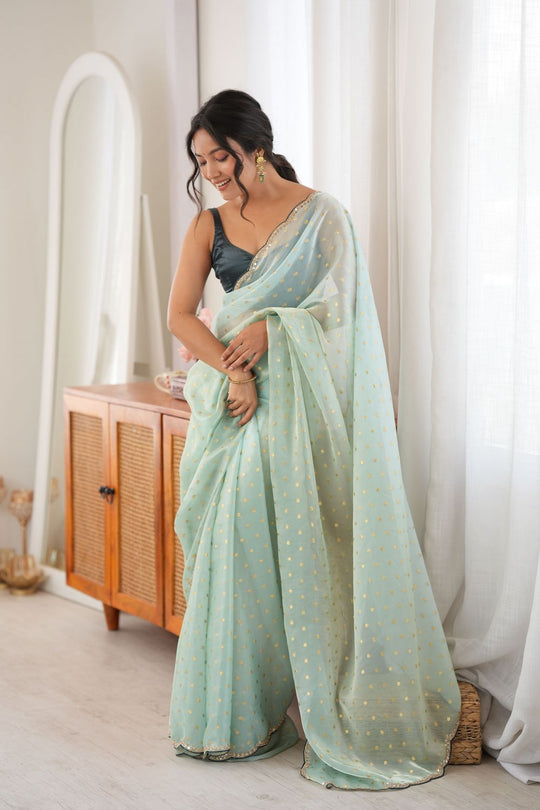 Cassia Seafoam Green Satin Woven Butti Beads Cut Dana Work Ready to Wear Saree