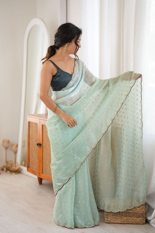 Cassia Seafoam Green Satin Woven Butti Beads Cut Dana Work Ready to Wear Saree