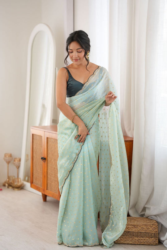 Cassia Seafoam Green Satin Woven Butti Beads Cut Dana Work Ready to Wear Saree