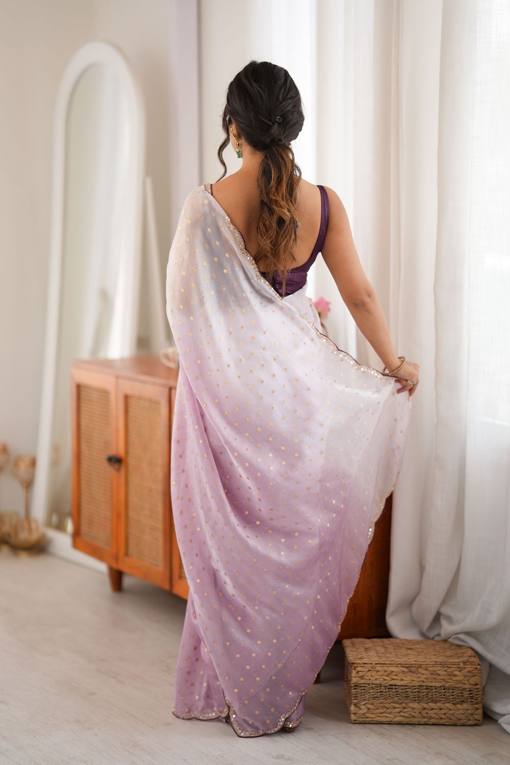 Cassia Lavender Satin Woven Butti Beads Cut Dana Work Ready to Wear Saree