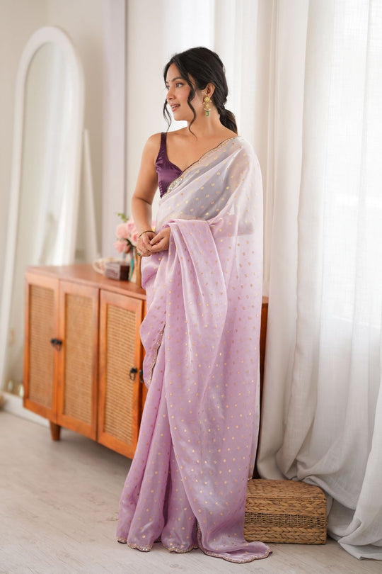 Cassia Lavender Satin Woven Butti Beads Cut Dana Work Ready to Wear Saree