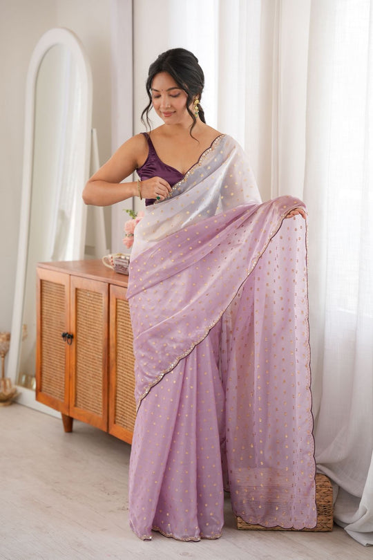 Cassia Lavender Satin Woven Butti Beads Cut Dana Work Ready to Wear Saree